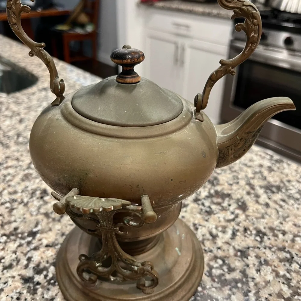 Antique Copper/Brass Tea Pot Lidded Kettle w/ Ornate Stand & Burner - Picture 2 of 8